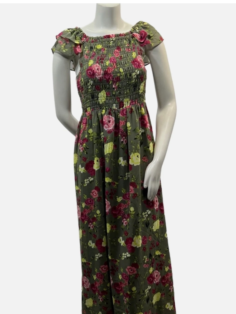 Bar III Olive Green Floral Smocked Maxi Dress